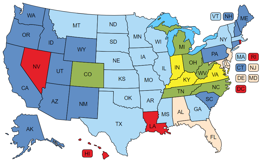 Map of the USA, color coded to indicate each state's legal status for raw milk, as of July 09, 2023. See text on linked page for details.